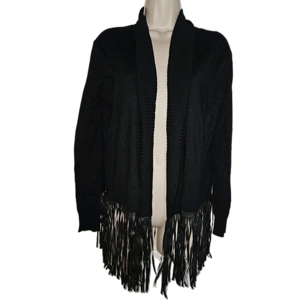 Black Boho Open Front Cardigan Sweater Faux Leather Fringe Size XS Western Ranch
